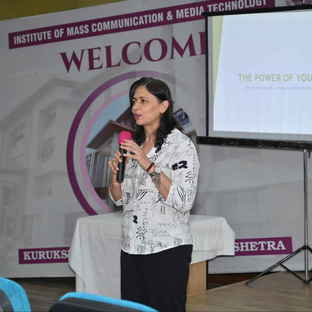 Dr. Simpi Nanda speaking at the Institute of Mass Communication and Media Technology