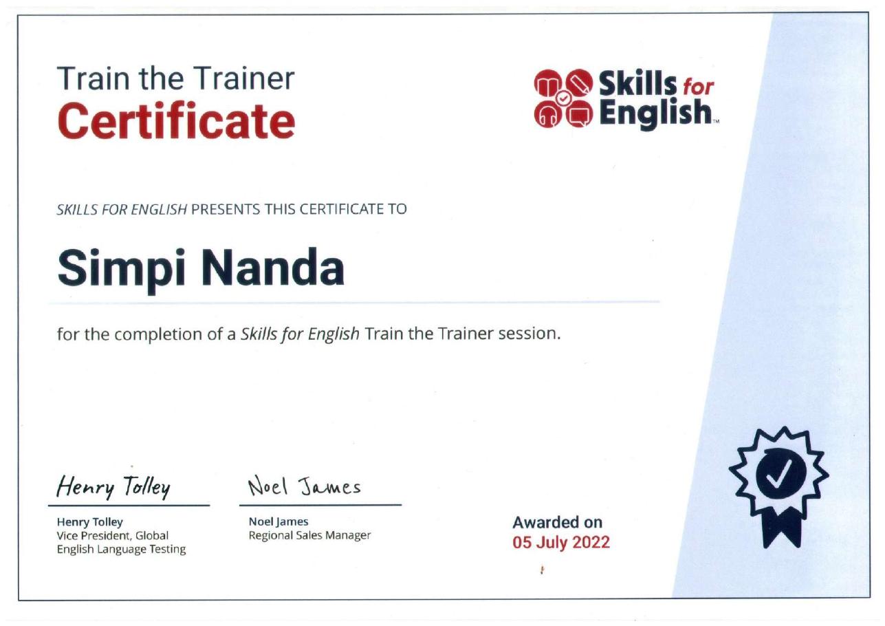 Train the Trainer Certificate awarded to Dr. Simpi Nanda
